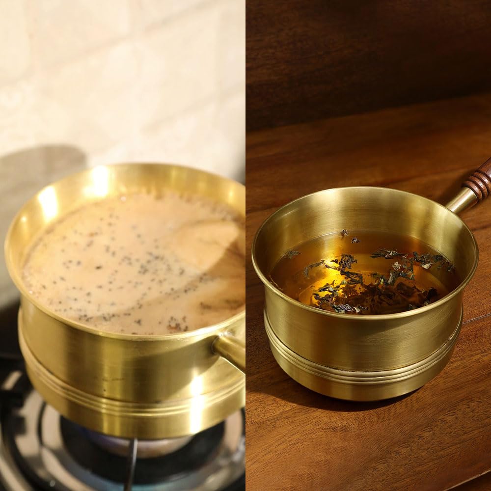 Pital/Brass Tea Pan with Wooden Handle - 750 ml | Induction Pan/Sauce Pan/Chai/Milk Pot/Tapeli Patila | Small Non Stick Saucepan | Gas Ready | Any Occasion Gifts for Family and Friends