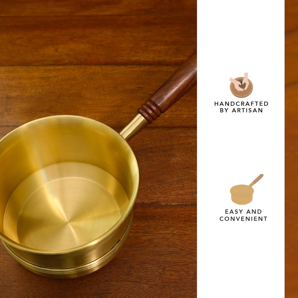 Pital/Brass Tea Pan with Wooden Handle - 750 ml | Induction Pan/Sauce Pan/Chai/Milk Pot/Tapeli Patila | Small Non Stick Saucepan | Gas Ready | Any Occasion Gifts for Family and Friends