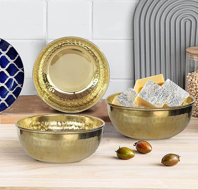 Pital/Brass Hammered Serving Bowl – 100 Ml, 1 Piece Gold Led Free and Food Safe